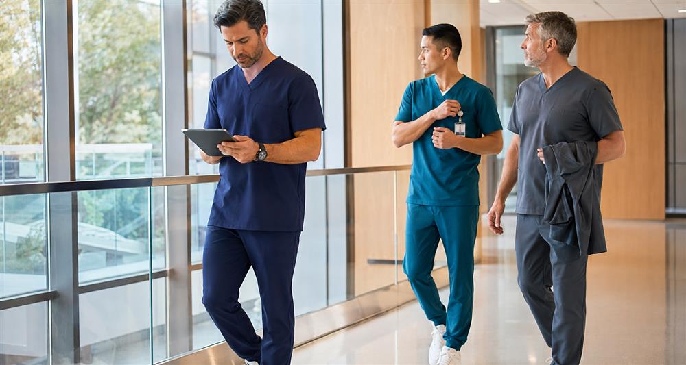 Male healthcare professionals wearing modern scrubs for different medical roles