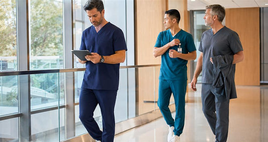 Male healthcare professionals wearing modern scrubs for different medical roles