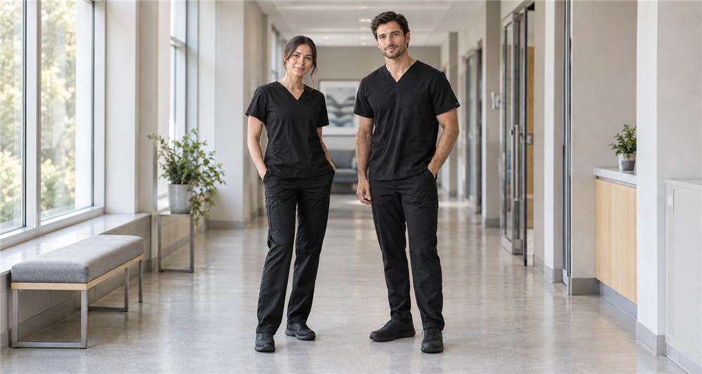Two models wearing black V-neck scrubs with matching pants and black work shoes in a bright clinic corridor