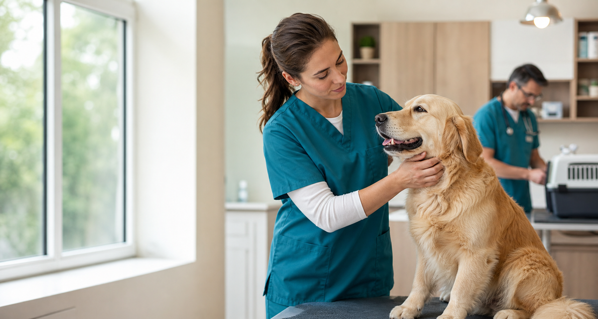 Veterinary technician in teal scrubs examining a golden retriever in a modern animal clinic