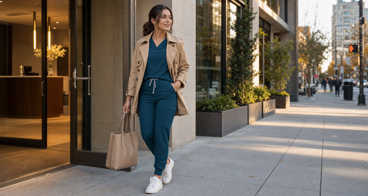 Healthcare professional styling teal jogger scrubs with a camel trench and white sneakers after work