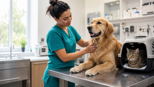 Veterinary technician gently examining a golden retriever while a tabby cat waits in a carrier at a modern animal clinic