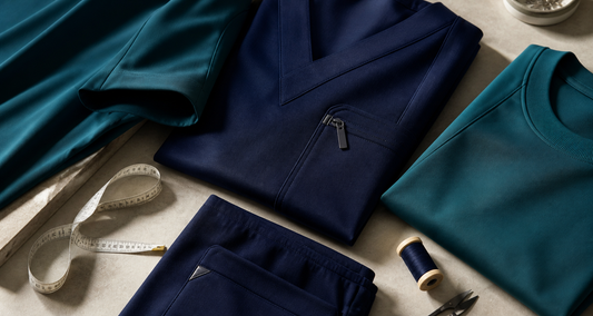 Premium medical scrubs featuring refined fabric, stitching, pockets and finishing details