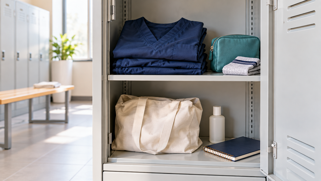 An organized staff locker with folded navy scrubs, spare socks and a teal personal-care pouch