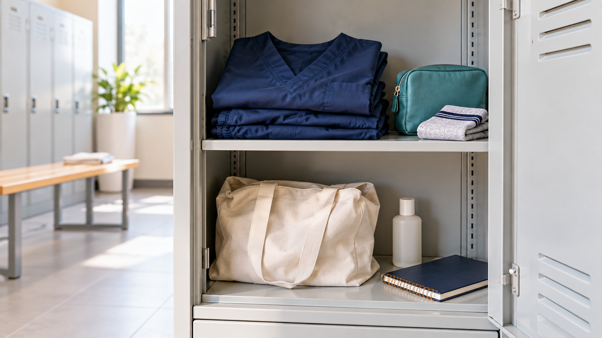 An organized staff locker with folded navy scrubs, spare socks and a teal personal-care pouch