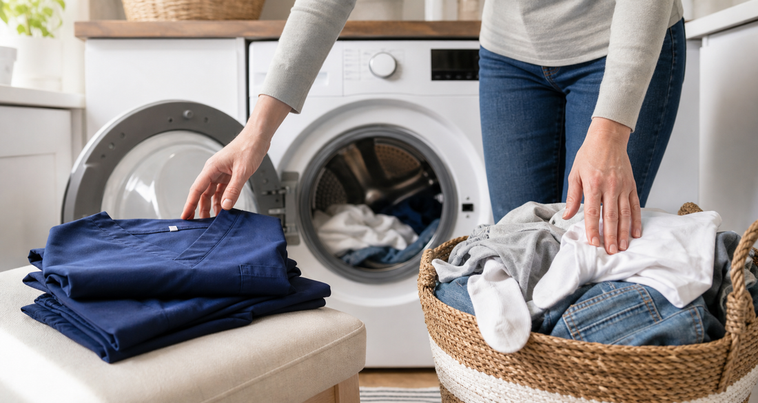 Navy scrubs separated from regular clothes beside a home washing machine
