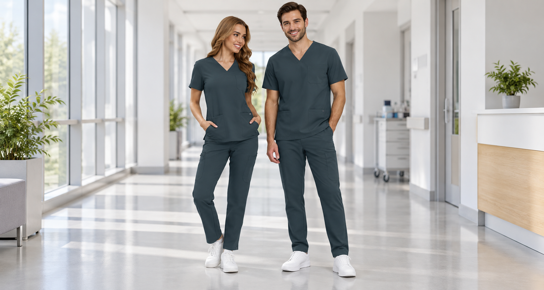 Two models wearing dark harbor scrubs in a muted teal-gray shade with white shoes in a bright clinic corridor.