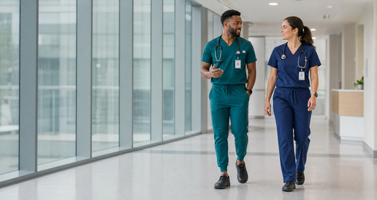 Healthcare professionals comparing teal scrub joggers and navy straight-leg scrub pants