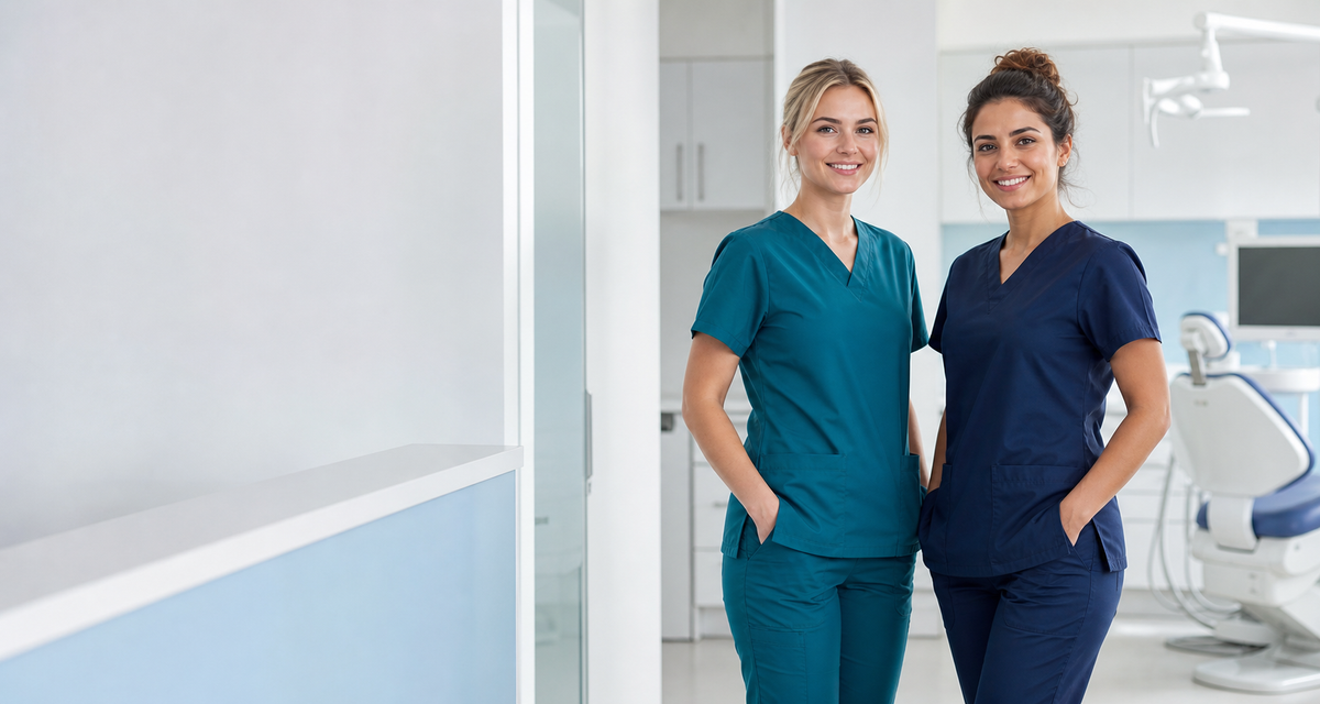 Two dental nurses wearing teal and navy scrubs in a modern UK dental practice