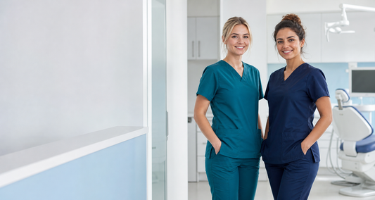 Two dental nurses wearing teal and navy scrubs in a modern UK dental practice