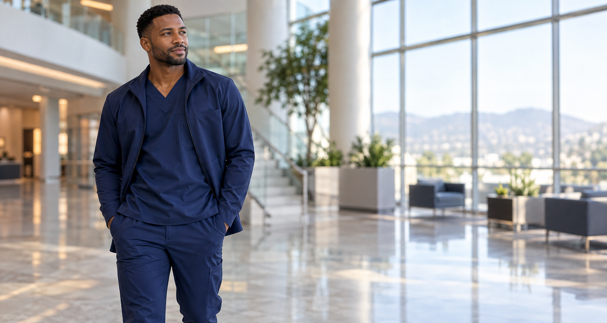 Male healthcare professional wearing navy blue scrubs in a modern hospital lobby