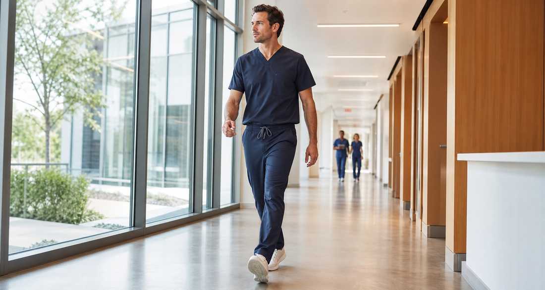Male healthcare professional wearing well-fitting navy scrub pants in a modern hospital 