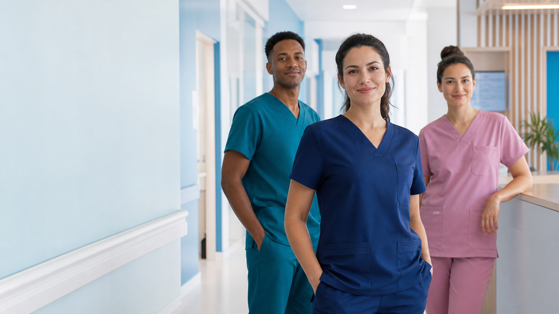 Healthcare professionals wearing modern nurse scrubs in a UK clinic