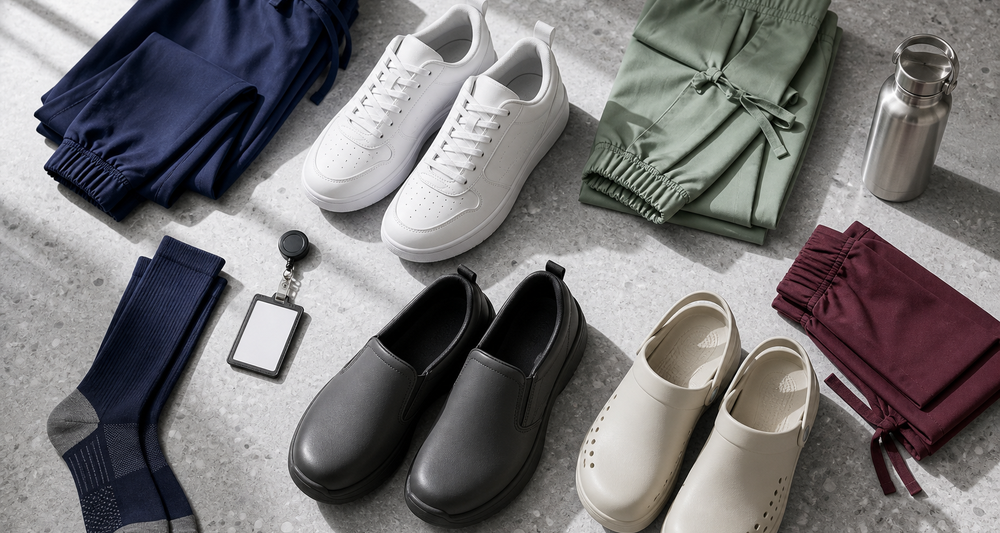 White sneakers, black slip-on work shoes and medical clogs paired with jogger scrubs