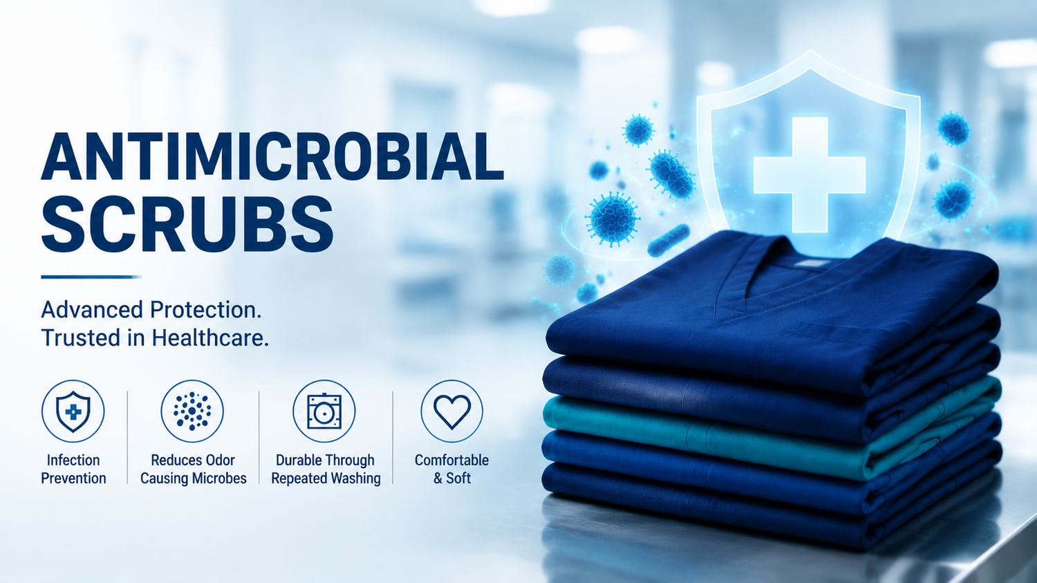 Stacked navy antimicrobial scrubs in modern hospital setting