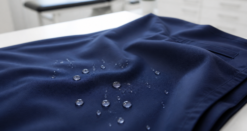 Water droplets beading on water-repellent navy medical scrub fabric