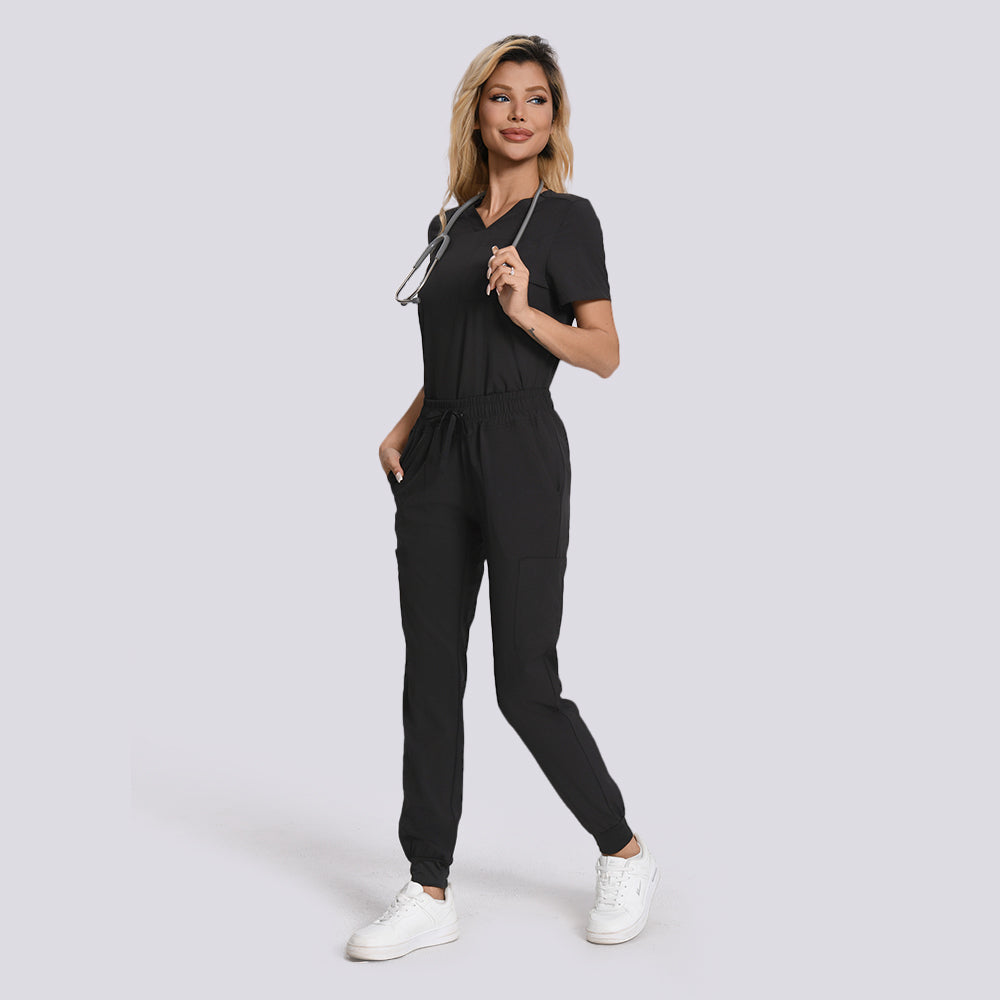 Women's Black Scrubs Set-12 Pockets