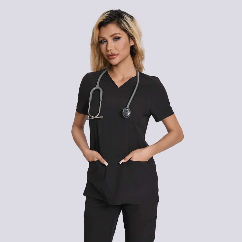 Women's Black Scrubs Set-12 Pockets
