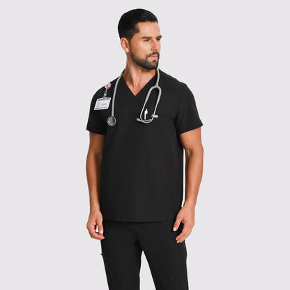 KungFu Scrubs black men's scrub set with V-neck top and jogger pants, shown on male healthcare model