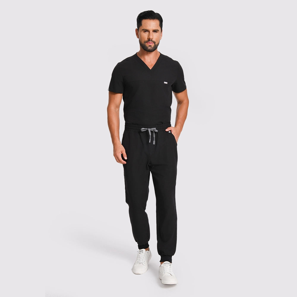 KungFu Scrubs black men's medical scrubs full body front view with drawstring jogger pants