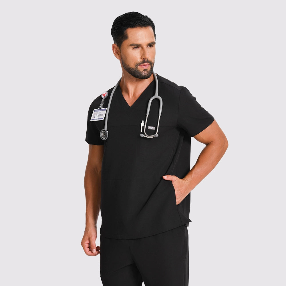 KungFu Scrubs black men's V-neck scrub top with stethoscope and professional healthcare styling