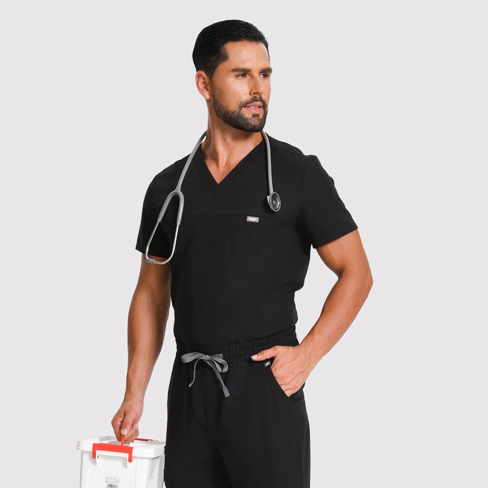 KungFu Scrubs black men's scrub top side view showing relaxed fit and chest pocket design