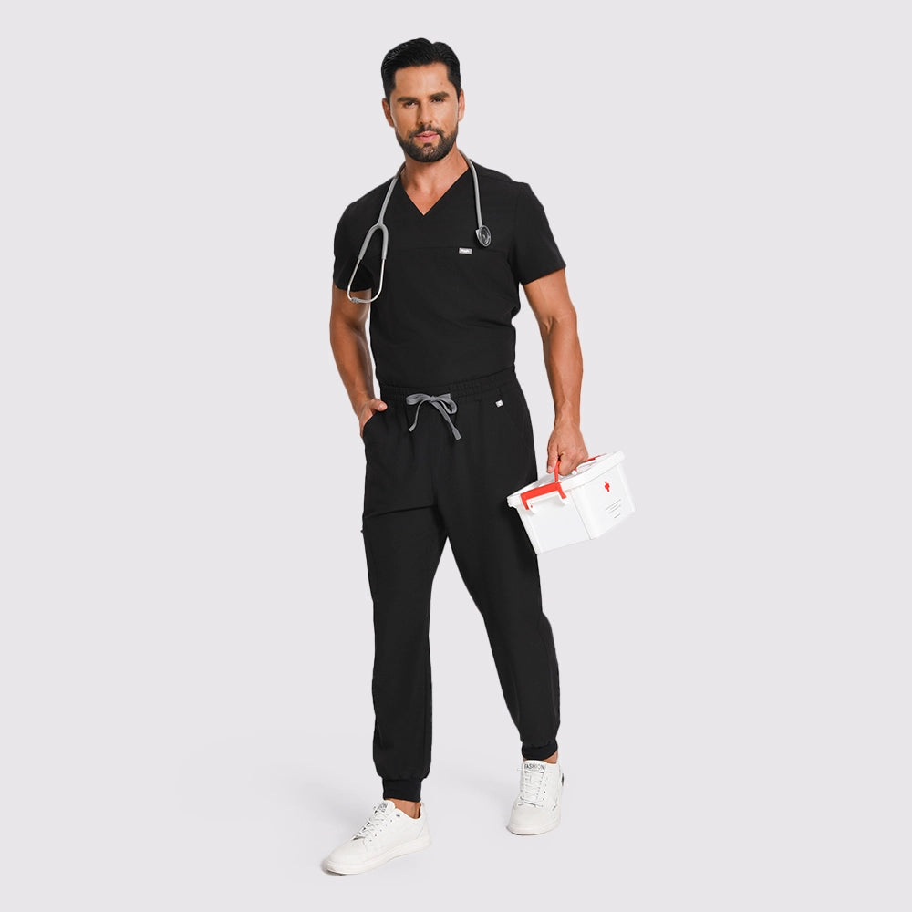 KungFu Scrubs black men's scrubs with stethoscope, elastic waistband and professional medical workwear look