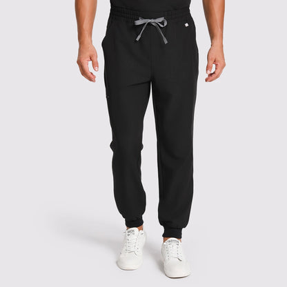 KungFu Scrubs men's black jogger scrub pants front view with drawstring waistband