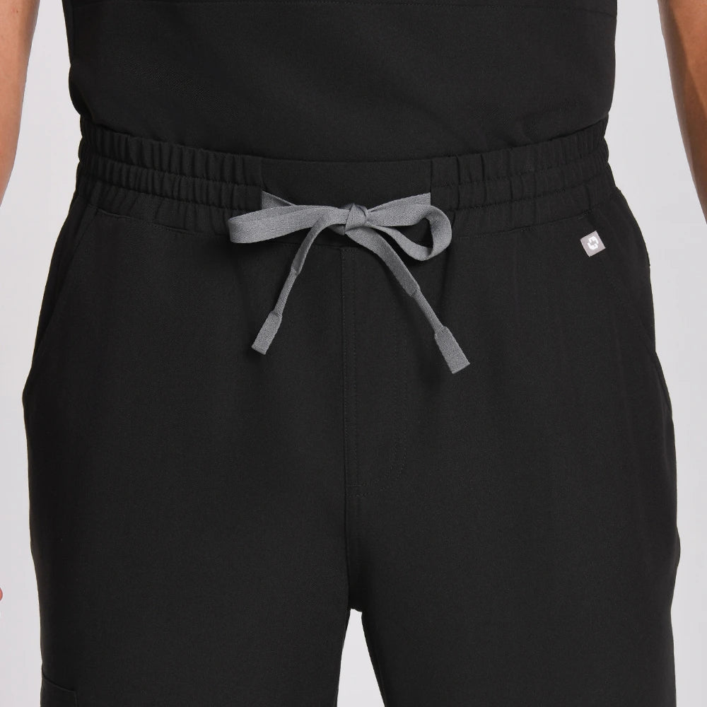 KungFu Scrubs men's black scrub pants elastic waistband and drawstring close-up