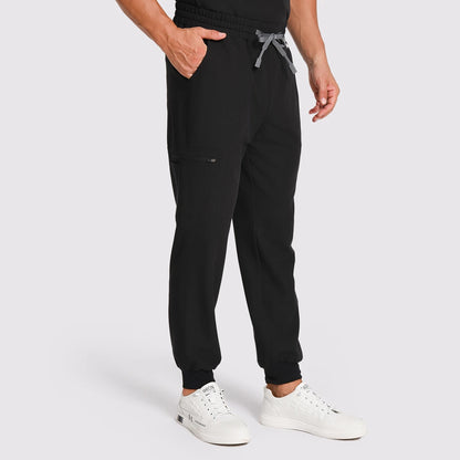 KungFu Scrubs men's black jogger scrub pants angled front view with cargo pocket