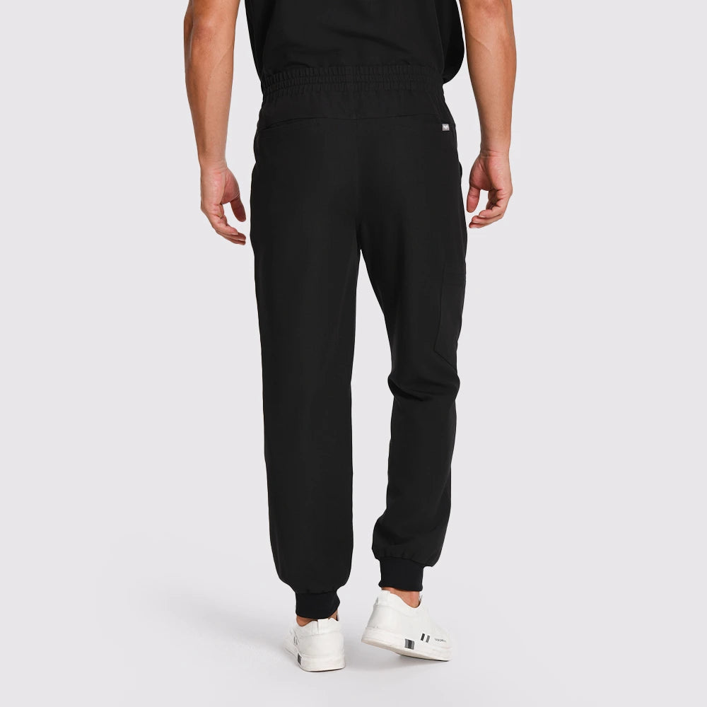 KungFu Scrubs men's black scrub pants back view with elastic waist and jogger cuffs