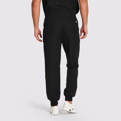 KungFu Scrubs men's black scrub pants back view with elastic waist and jogger cuffs