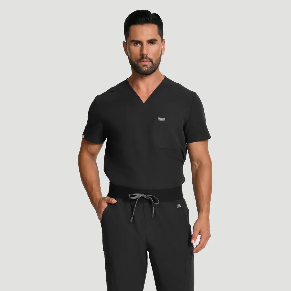 KungFu Scrubs men’s black scrub set front view with V-neck top and drawstring pants