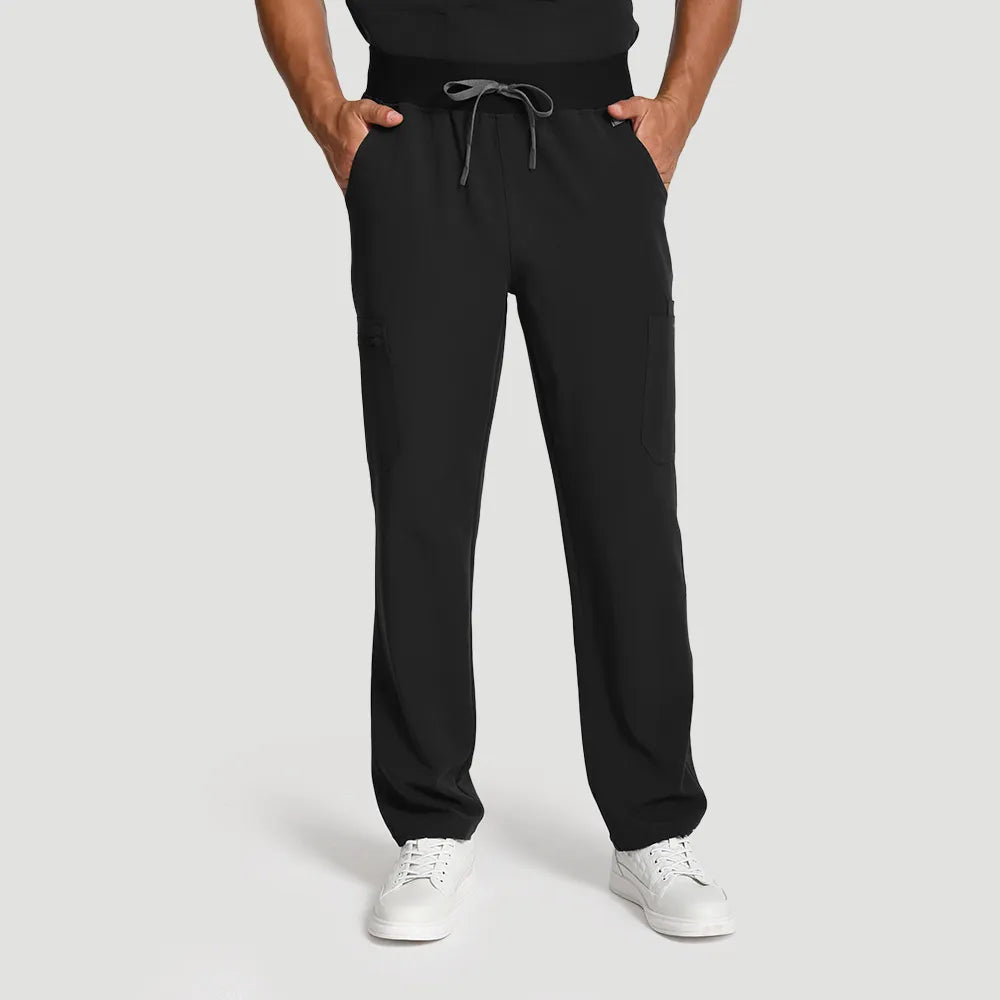 KungFu Scrubs men’s black scrub pants front view with drawstring waist and cargo pockets