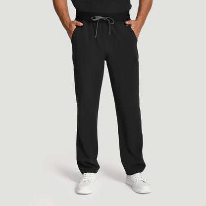 KungFu Scrubs men’s black scrub pants front view with drawstring waist and cargo pockets