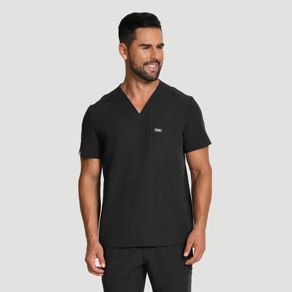 KungFu Scrubs men’s black V-neck scrub top front view with chest pocket