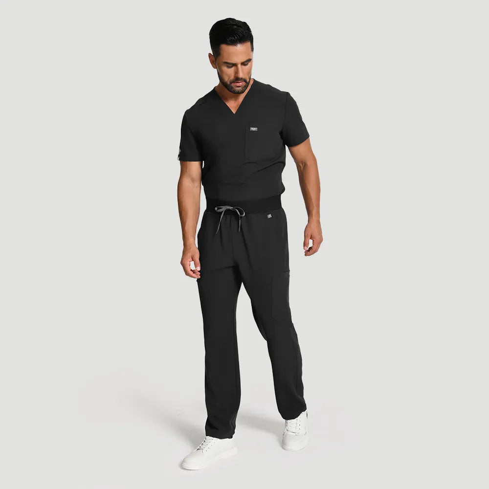 KungFu Scrubs men’s black scrub set full body front view for healthcare professionals