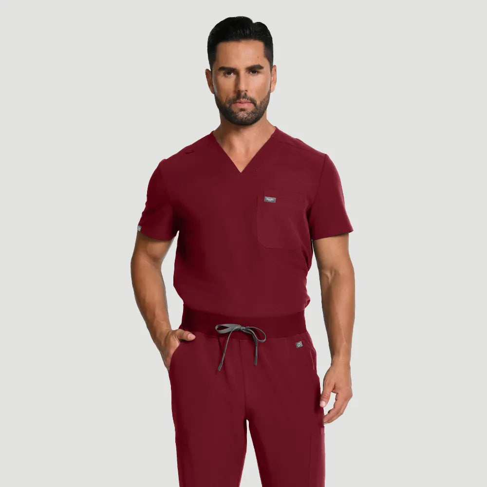 KungFu Scrubs men’s burgundy scrub set front view with V-neck top and drawstring pants