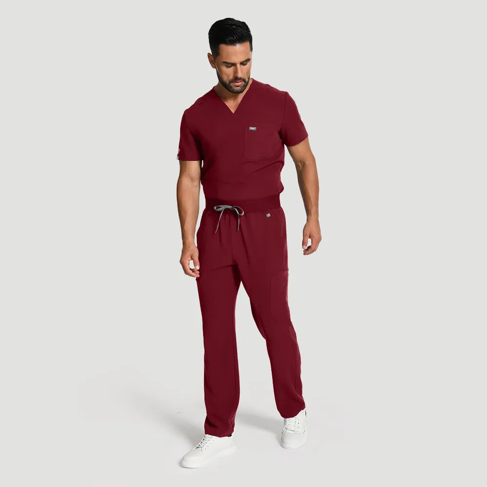 KungFu Scrubs men’s burgundy scrub set full body front view with cargo pockets