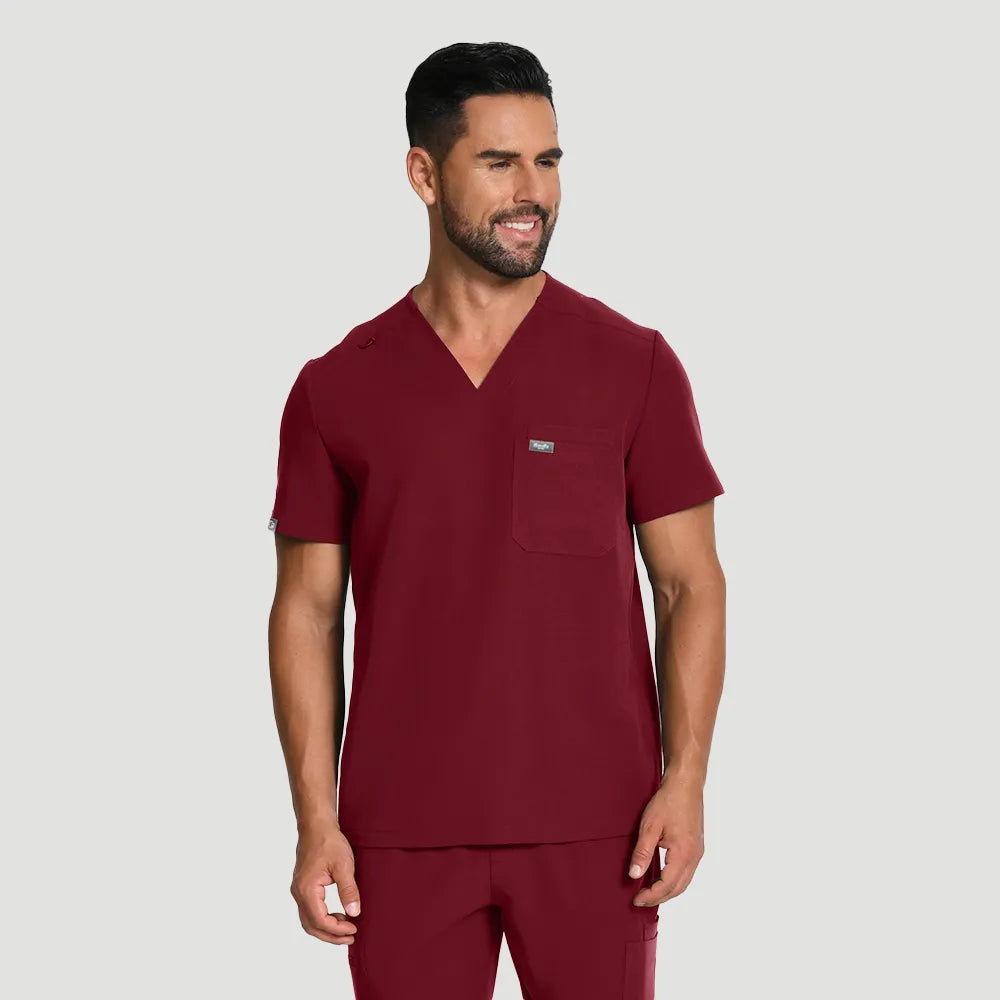 KungFu Scrubs men’s burgundy V-neck scrub top front view with chest pocket