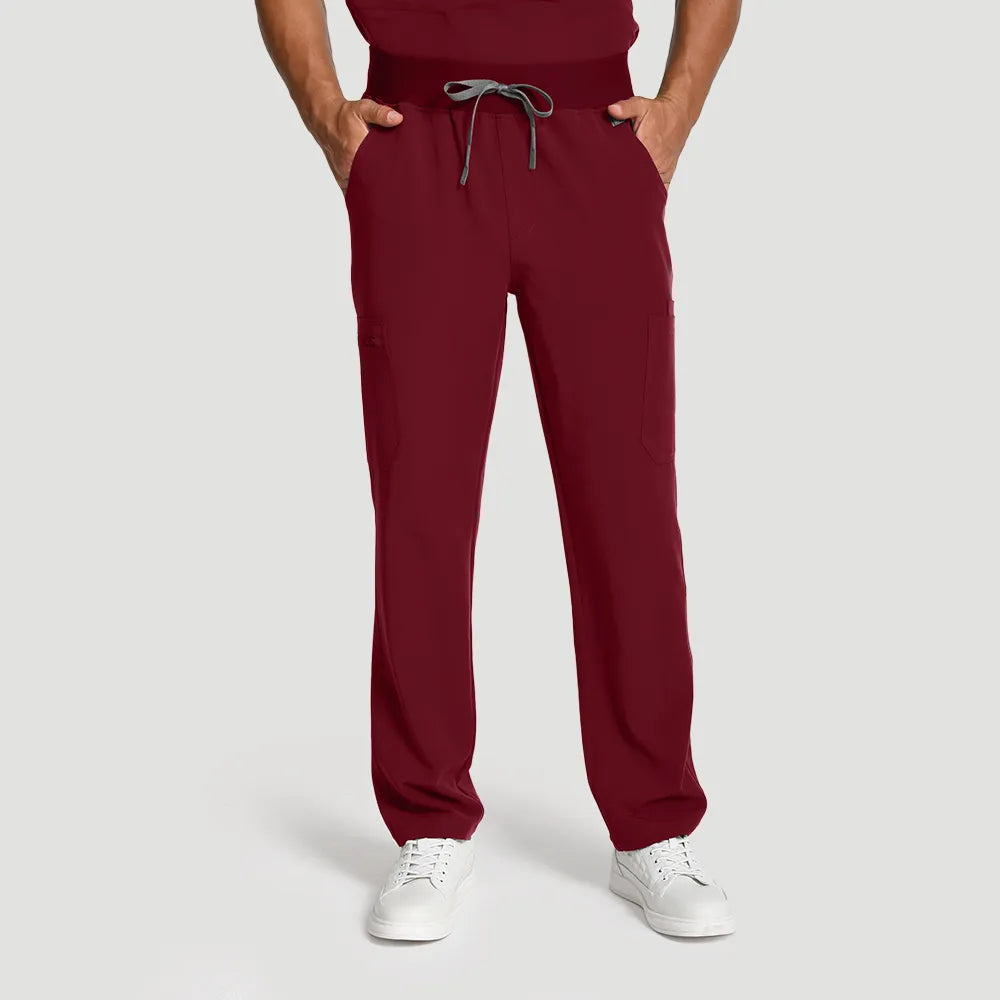 KungFu Scrubs men’s burgundy scrub pants front view with drawstring waist and side pockets