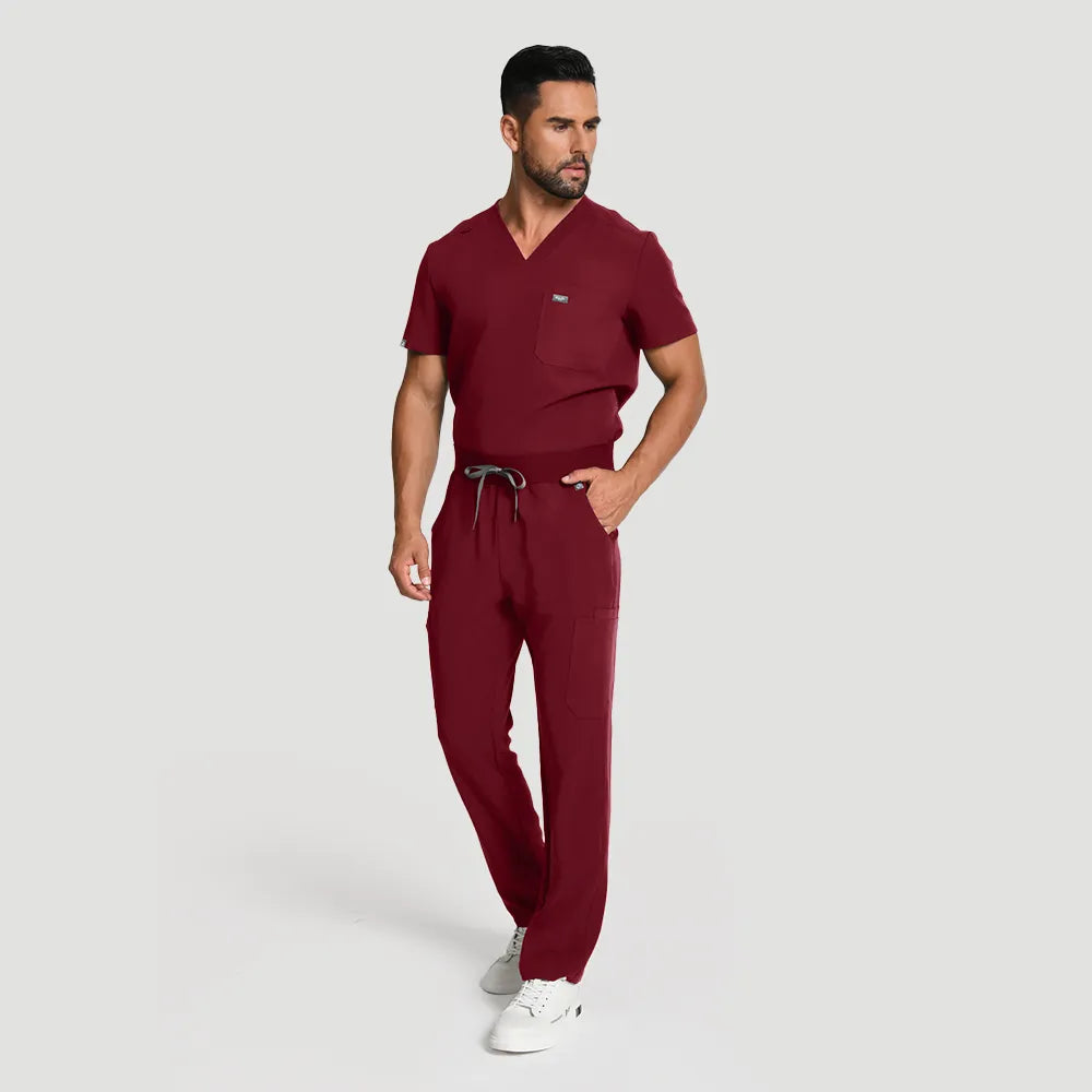 KungFu Scrubs men’s burgundy medical scrub set full body side front view