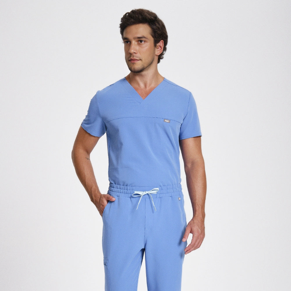 KungFu Scrubs ceil blue men's medical scrubs full body front view with relaxed professional fit