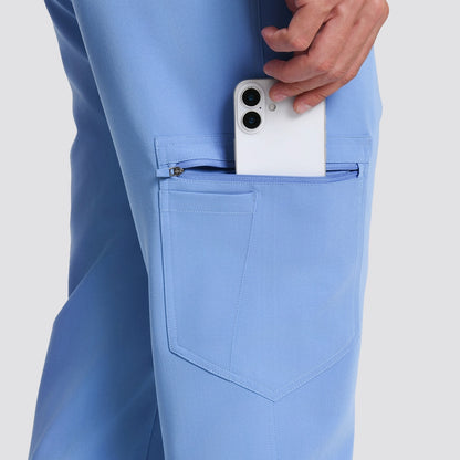 KungFu Scrubs ceil blue men's medical scrubs front view with V-neck top and comfortable jogger pants
