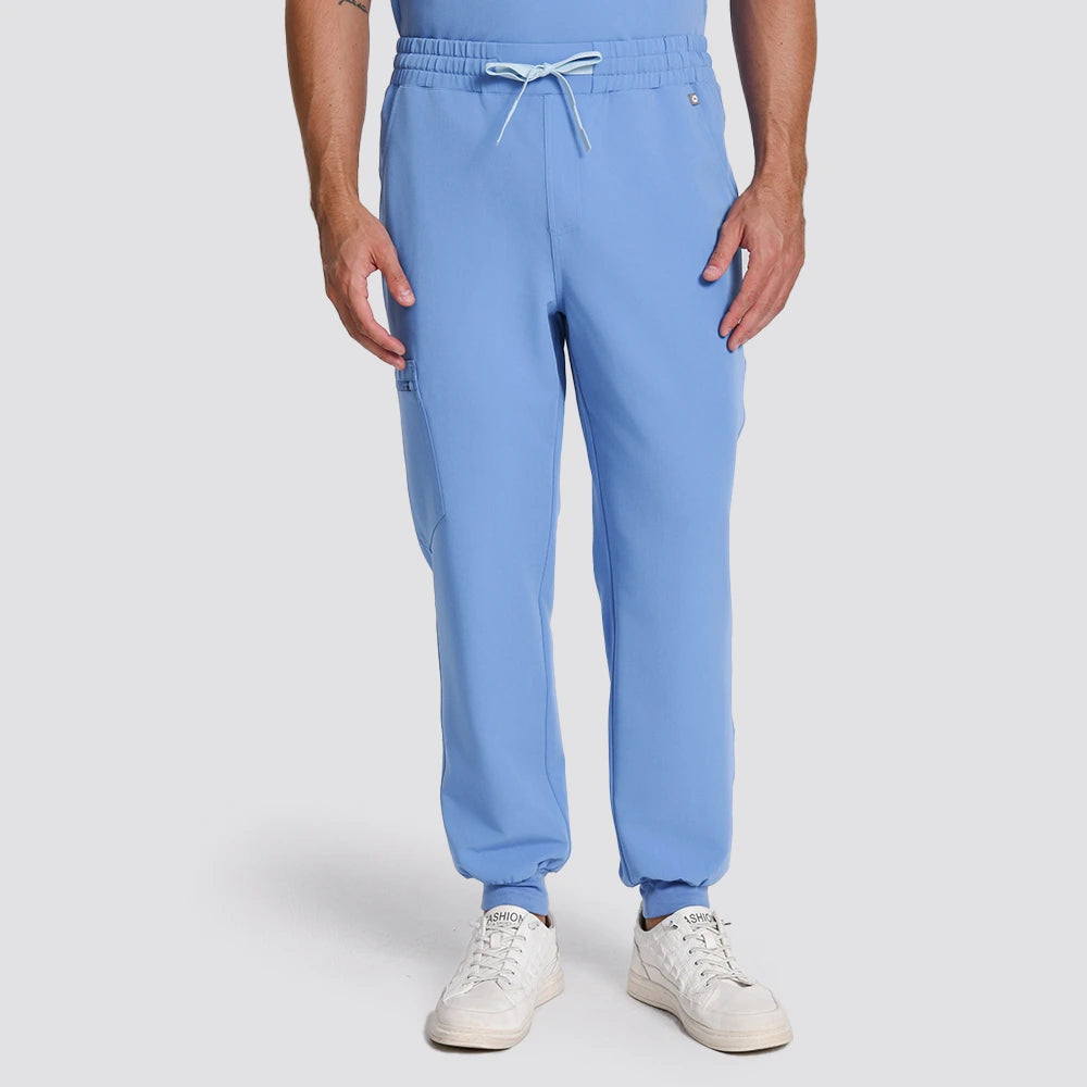 KungFu Scrubs men's ceil blue scrub pants front view with drawstring waistband