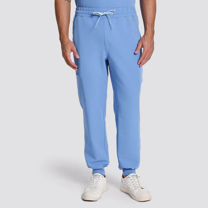KungFu Scrubs men's ceil blue scrub pants front view with drawstring waistband