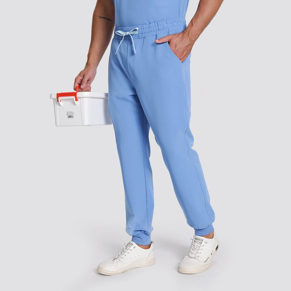 KungFu Scrubs men's ceil blue scrub pants angled front view with side pocket