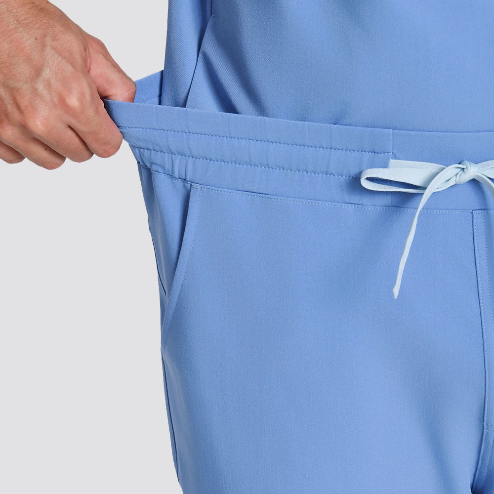 KungFu Scrubs men's ceil blue scrub pants elastic waistband close-up