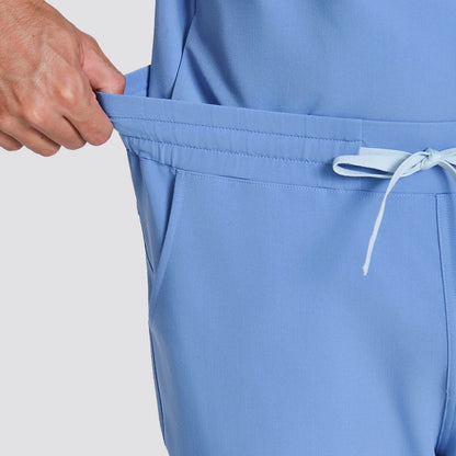 KungFu Scrubs men's ceil blue scrub pants elastic waistband close-up
