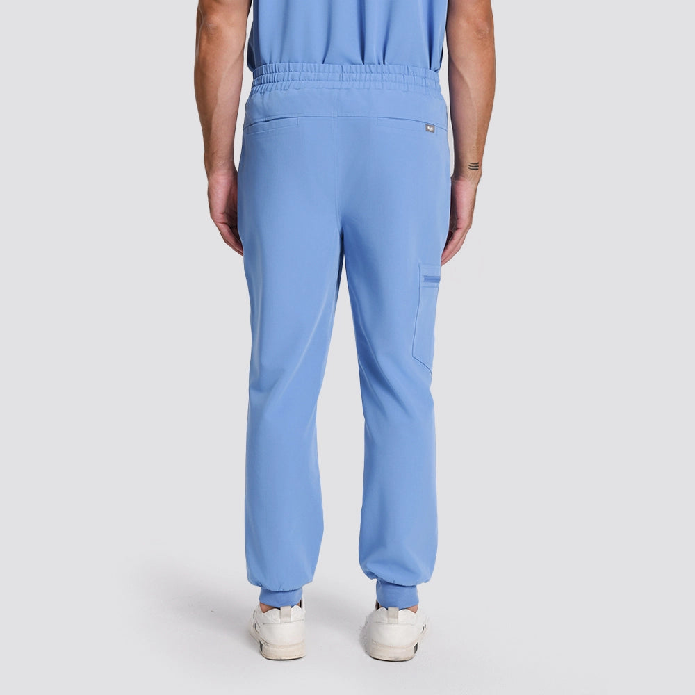 KungFu Scrubs men's ceil blue scrub pants back view with elastic waist and cargo pocket